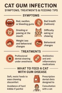 Infographic showing symptoms, causes, treatments, and dietary tips for cat gum infection and gingivitis.